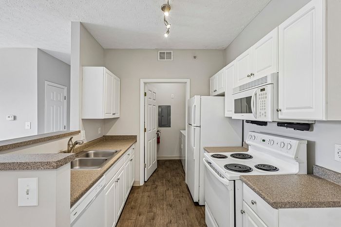 Modern kitchen with sleek white cabinetry, spacious countertops, and essential appliances, perfect for culinary enthusiasts.