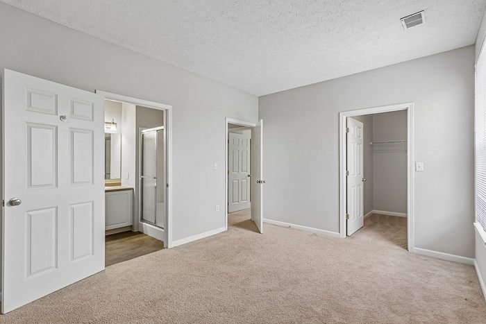 Bright and spacious bedroom featuring neutral carpet, a walk-in closet, and an en-suite bathroom with sleek modern finishes.