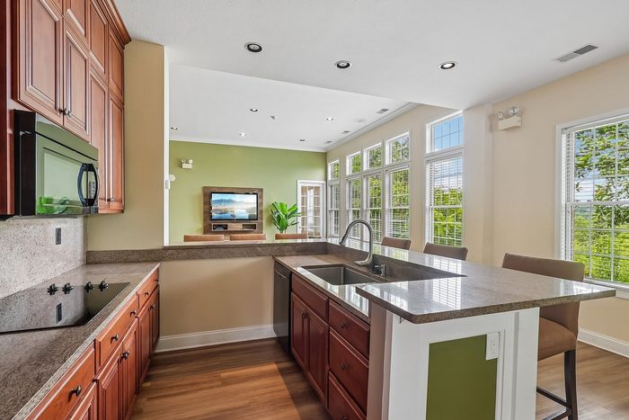 Bright modern kitchen with elegant cabinetry, sleek countertops, and ample natural light through large windows.