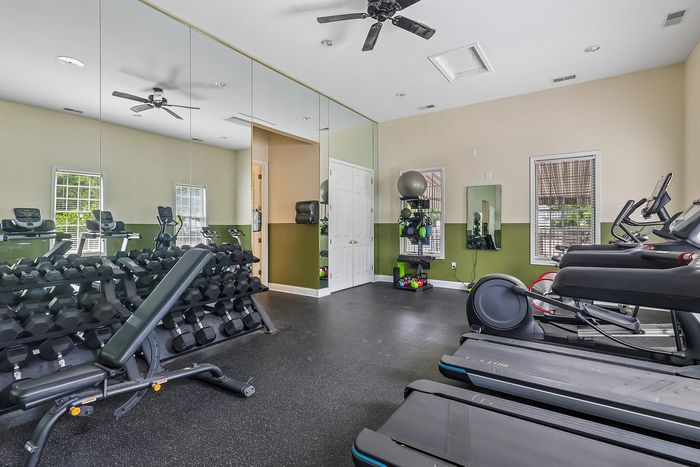 Modern fitness center with state-of-the-art treadmills, free weights, and vibrant exercise ball corner in a sleek mirrored room.