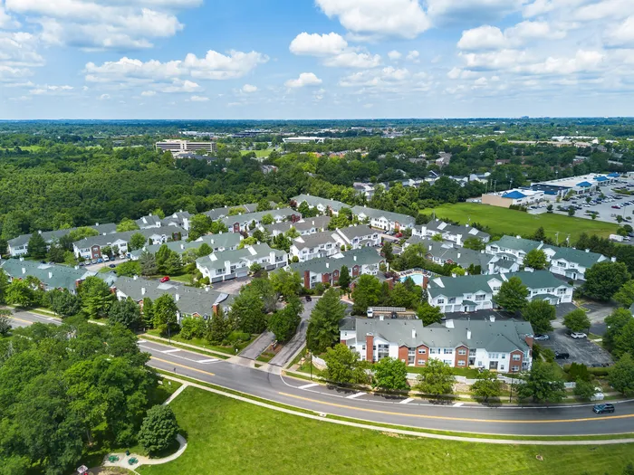 Scenic aerial view of a picturesque residential community with charming homes surrounded by lush greenery and peaceful streets.