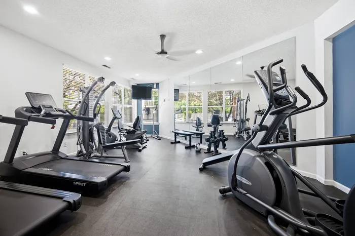 Bright and modern fitness center equipped with top-of-the-line exercise machines and large windows overlooking a lush outdoor view.