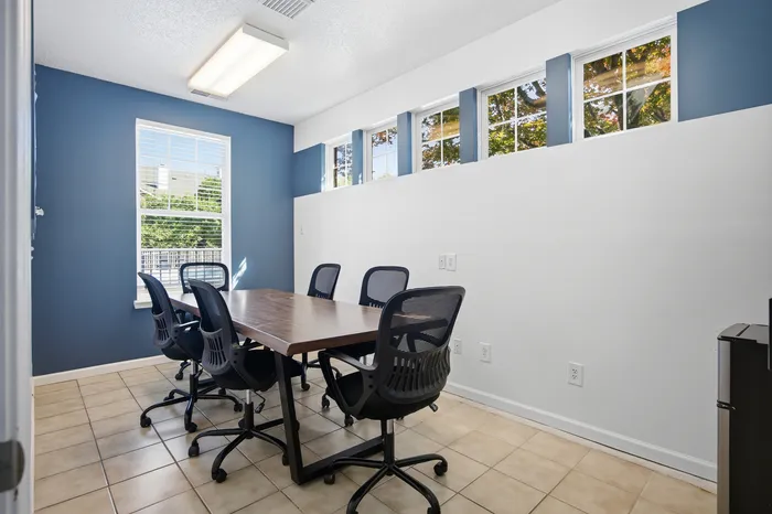 Bright meeting room with a modern wooden table, ergonomic chairs, and large windows enhancing natural light.