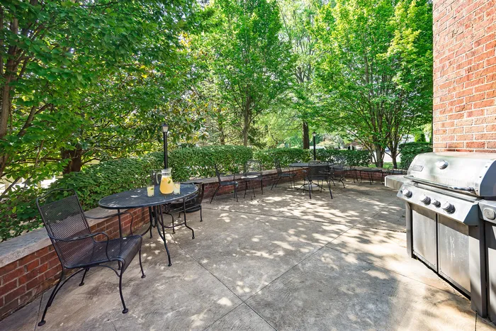 Charming outdoor patio with lush greenery, featuring a grill and inviting seating area perfect for relaxation and entertaining.