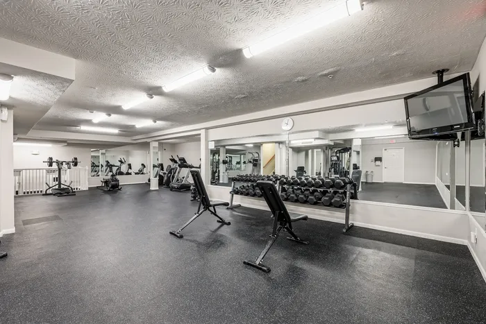 Modern gym with state-of-the-art equipment, featuring exercise bikes, weightlifting stations, and mirrored walls for an optimal workout experience.