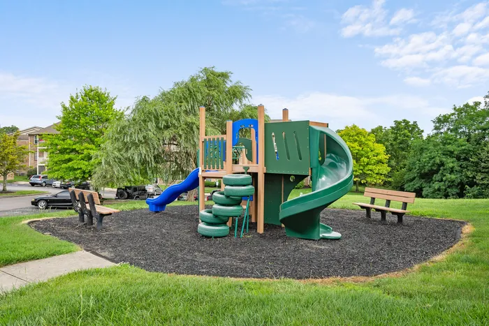Charming outdoor playground with colorful slides and benches set amidst lush greenery, perfect for family fun and relaxation.