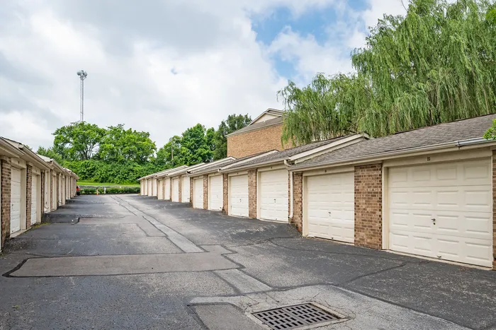 Inviting row of spacious, neatly aligned garages with a backdrop of lush greenery, offering ample storage and parking in a serene suburban setting.