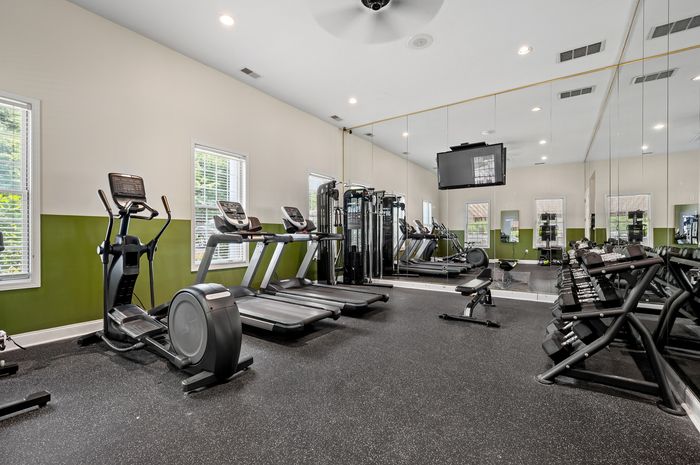 Modern fitness center equipped with state-of-the-art treadmills, exercise machines, and free weights in a spacious, bright environment.