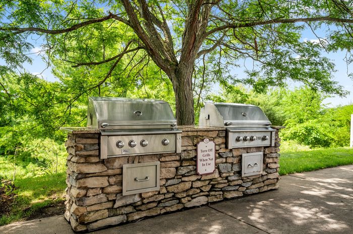 Elegant outdoor grilling station nestled in lush greenery, featuring modern stainless steel grills perfect for entertaining.