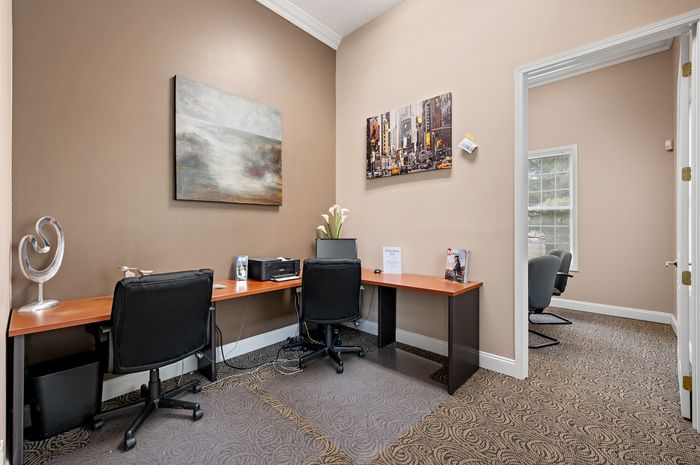 Inviting office space with modern decor, two sleek workstations, and elegant artwork on warm-colored walls.