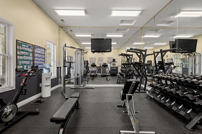 Modern fitness center with state-of-the-art equipment, mirrored walls, and natural light for an invigorating workout experience.