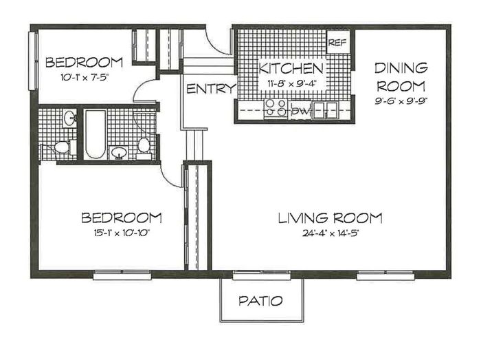 2 Bedroom, 1.5 Bath (1035 sqft.)