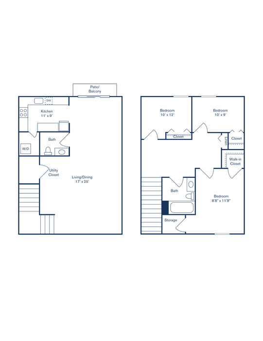 Charming two-story floor plan featuring three bedrooms, spacious living and dining area, modern kitchen, and private patio.