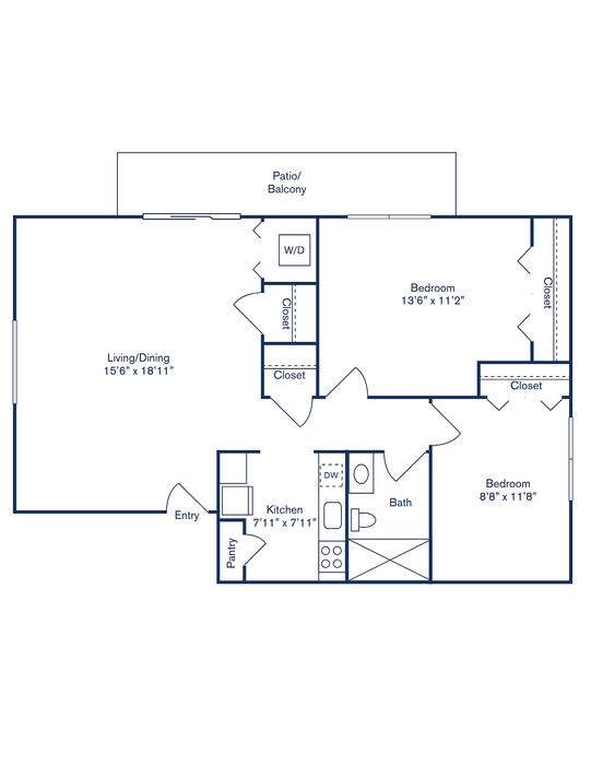 Modern 2-bedroom floor plan featuring a spacious living/dining area, cozy kitchen, ample closets, and a patio/balcony access.