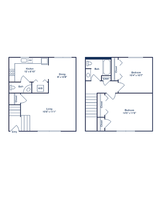 Charming two-story floor plan featuring spacious living room, modern kitchen with dining area, two comfortable bedrooms, and ample closets.