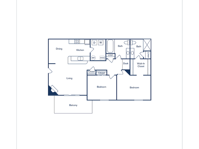 Elegant floor plan of Berkley Manor featuring 2 bedrooms, 2 baths, an open kitchen, spacious living area, and a balcony, covering 1,007 sq ft.