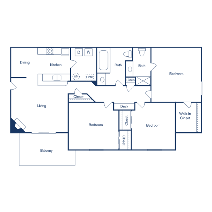 Spacious floor plan featuring three bedrooms, two baths, modern kitchen, spacious living area, and a balcony, ideal for stylish living.