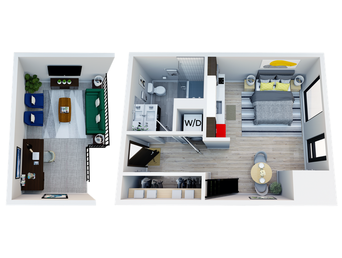 Chic 3D floor plan featuring a cozy bedroom, stylish living area, modern kitchen, and compact bathroom.
