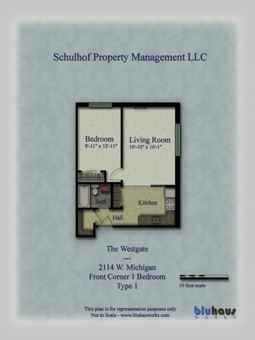 Corner 1 Bedroom Type 1 Floorplan | Westgate - Schulhof Property Management LLC
