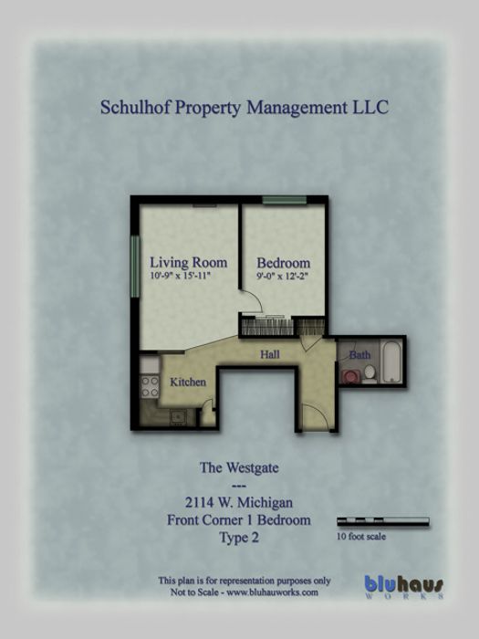 Corner 1 Bedroom Type 2 Floorplan | Westgate - Schulhof Property Management LLC