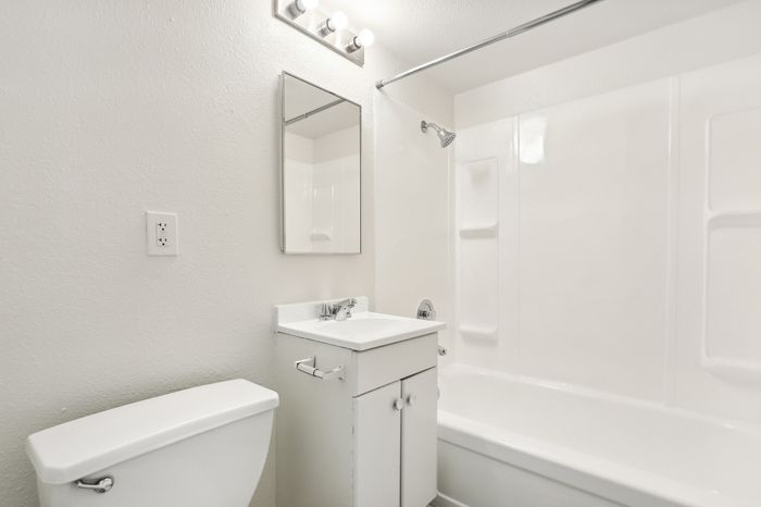 Bright, modern bathroom featuring sleek fixtures, a clean vanity, and a pristine bathtub.