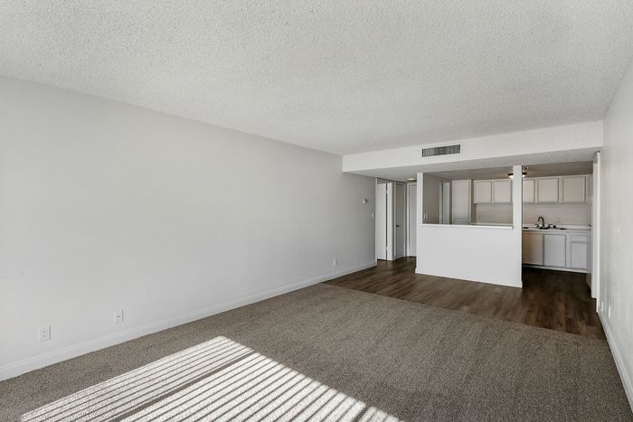 Bright and airy open-concept living space with stylish carpeting and sleek hardwood floors leading to a modern kitchen with white cabinetry.