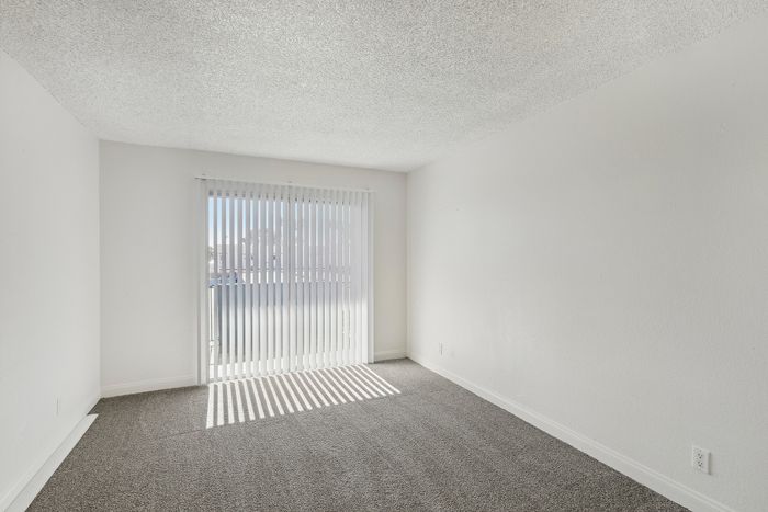 Bright and spacious apartment room with modern carpet flooring and abundant natural light from large sliding glass doors.
