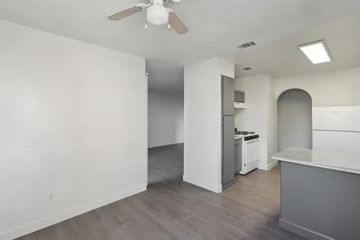 Charming and inviting apartment featuring a modern kitchen with sleek appliances, open living space, and elegant wood flooring.