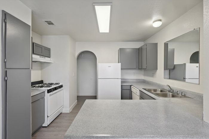 Modern kitchen with sleek gray cabinets, dual sink, and spacious countertop featuring an arched entryway and bright lighting.