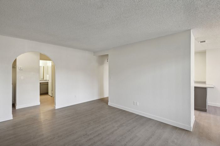 Elegant apartment interior featuring a spacious room with modern hardwood flooring, an arched doorway leading to a well-lit bathroom, and a sleek counter space.