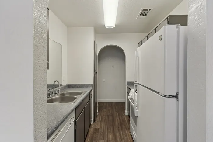 Modern galley kitchen with sleek countertops, stainless steel double sink, and elegant archway entrance.