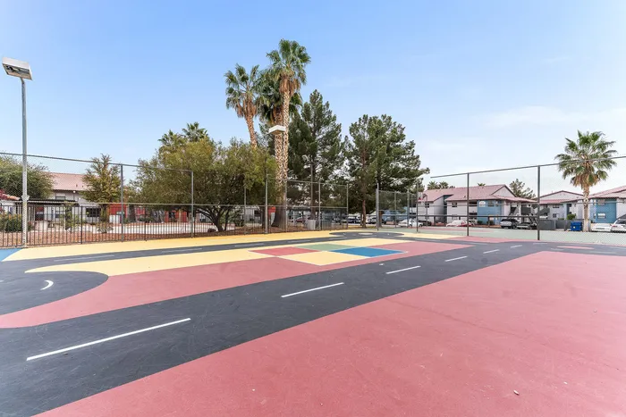 Vibrant outdoor sports court with colorful markings, surrounded by lush palm trees, creating a lively community space.