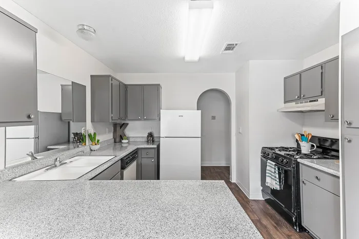 Modern kitchen with sleek gray cabinets, granite countertops, and stainless steel appliances, perfect for culinary enthusiasts.