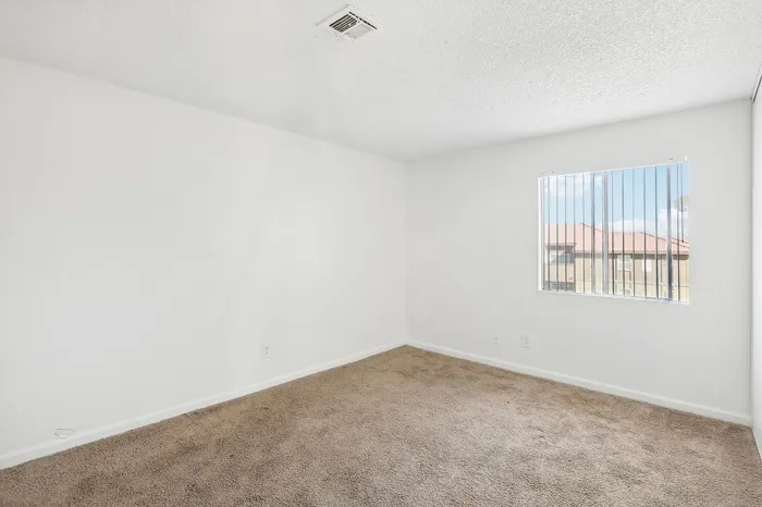 Bright, spacious bedroom with plush carpet and large window, offering natural sunlight and a serene view.