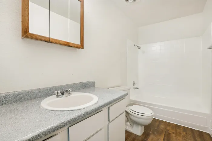 Bright, modern bathroom featuring elegant fixtures, glossy countertop, spacious vanity, and a pristine bathtub with warm wood flooring.