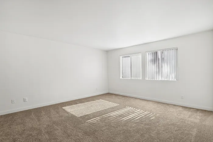 Bright and airy room with soft carpet flooring, featuring large windows letting in ample natural light.