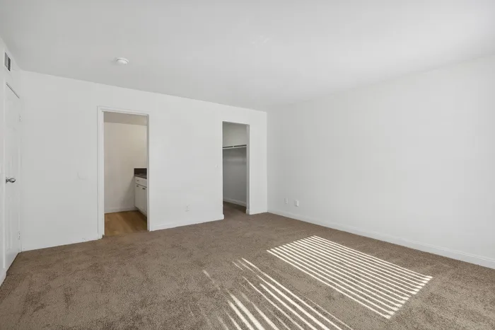 Spacious, sunlit bedroom with plush carpeting, featuring a walk-in closet and easy access to an adjacent bathroom.