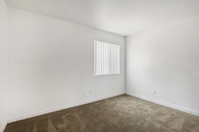 Bright and airy room with neutral walls and plush carpet, ideal for a cozy personal space.