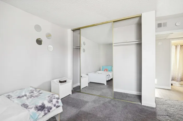 Bright bedroom with plush carpeting, mirrored closet doors, and modern decor creating a cozy and inviting space.