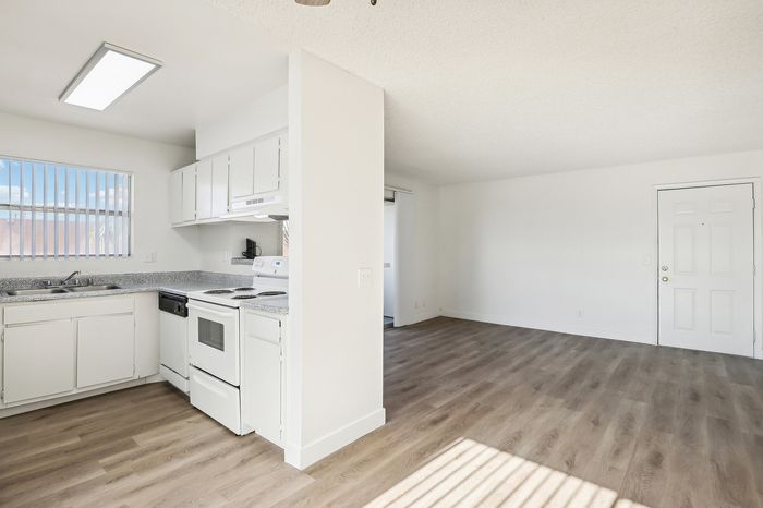 Bright and airy open-concept living space with modern kitchen and sleek hardwood flooring.