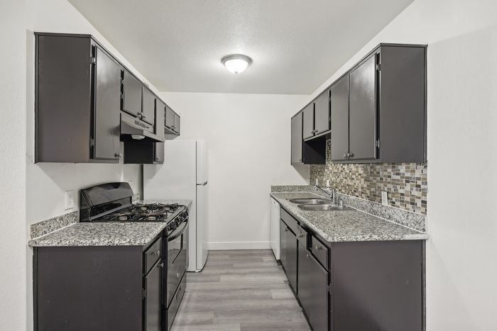 Modern kitchen with sleek dark cabinets, granite countertops, and stylish backsplash.