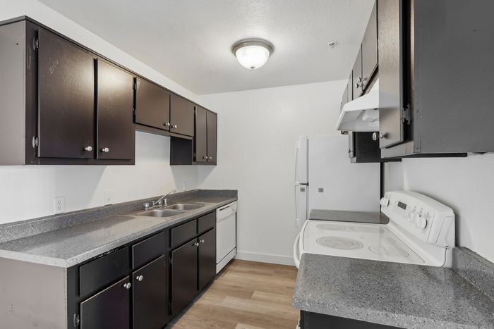 Chic and modern kitchen with sleek dark cabinets, elegant granite countertops, and contemporary appliances.