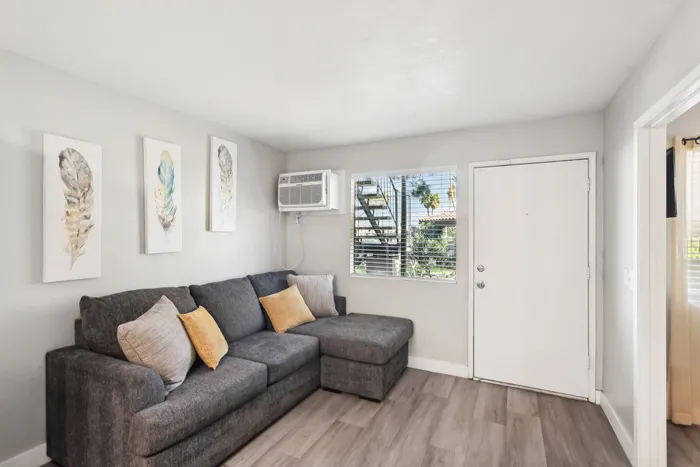 Bright, cozy living room with modern grey couch, stylish feather artwork, and large window inviting natural light.