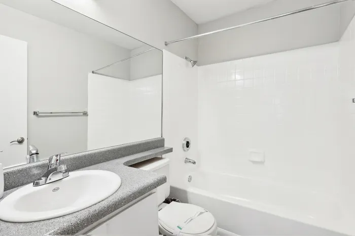 Bright and modern bathroom featuring a sleek white bathtub, large mirror, and elegant gray countertop.