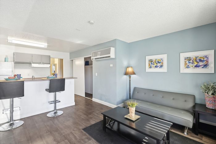 Modern living room with stylish open kitchen, featuring bar seating, cozy grey sofa, and vibrant artwork on pastel walls.