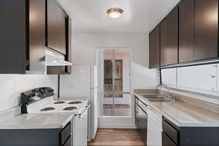 Modern kitchen with sleek dark cabinets, energy-efficient appliances, and ample countertop space, perfect for culinary adventures.