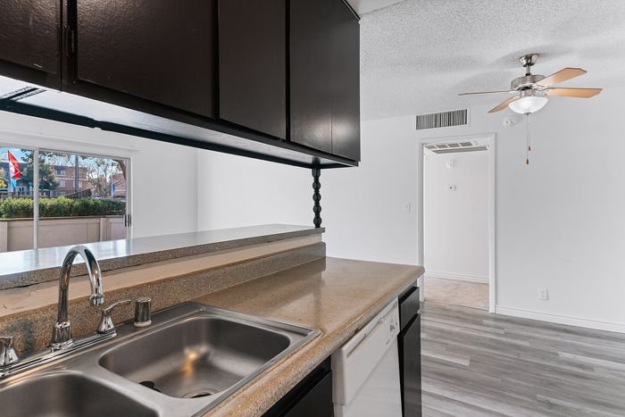 Bright apartment kitchen with sleek countertops, modern sink, and open view to living area, highlighting natural light and functional design.