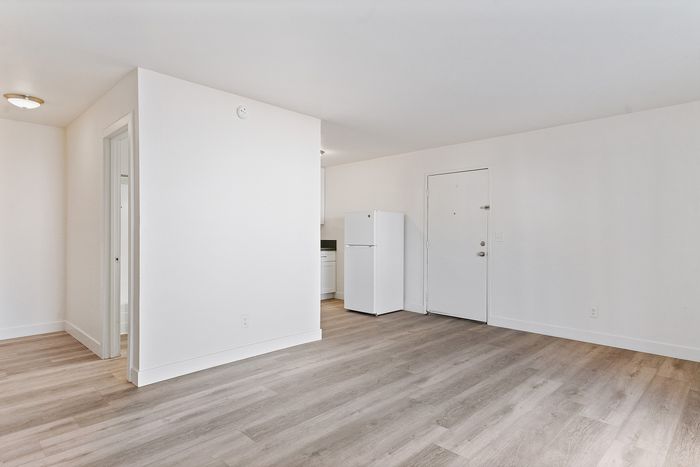 Bright and spacious open-plan living area with stylish wood flooring, modern kitchen access, and ample natural light.