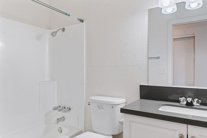 Bright and modern bathroom featuring a sleek white bathtub, elegant vanity with dark countertop, and stylish lighting fixtures.