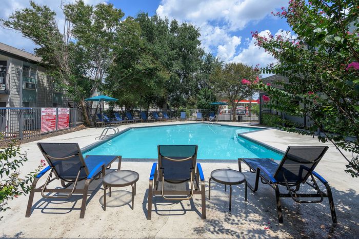 Inviting outdoor pool area with comfortable lounge chairs and vibrant greenery, perfect for relaxation and leisure in a sunny setting.